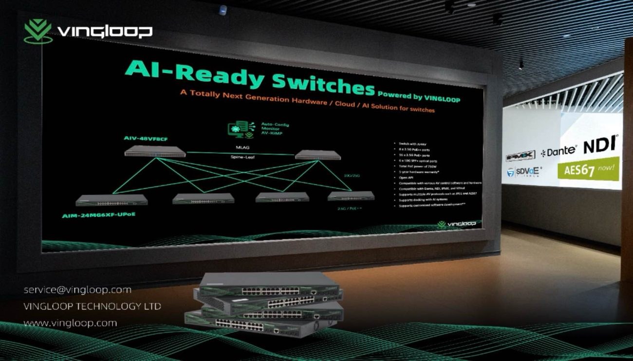 VINGLOOP AI-Ready Switches wall display showing a network topology with Dante, NDI and AES67 protocol badges