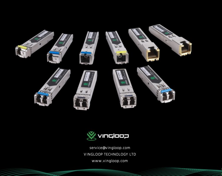 Collection of VINGLOOP SFP and BiDi optical modules arranged on a black background